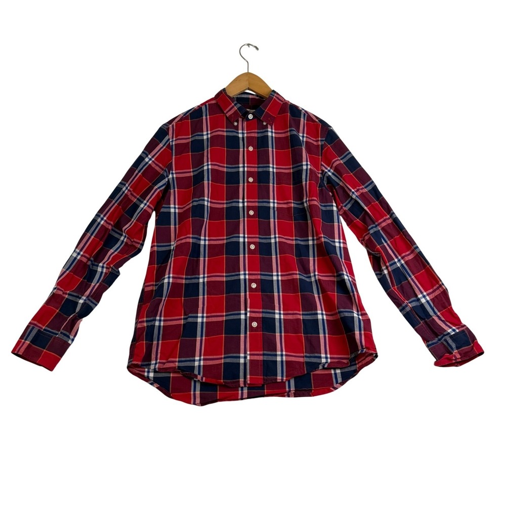 Old Navy Mens Regular Fit Plaid Button Down Shirt Red Navy Blue Medium #1173 - Picture 2 of 7